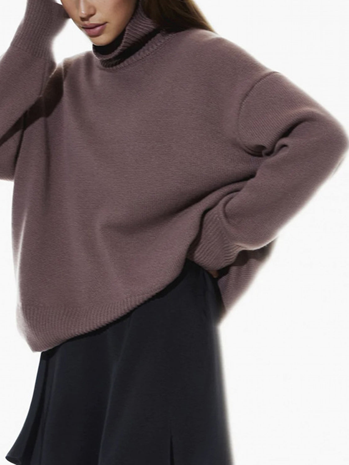 Ribbed Detail Turtleneck Dropped Shoulder Sweater