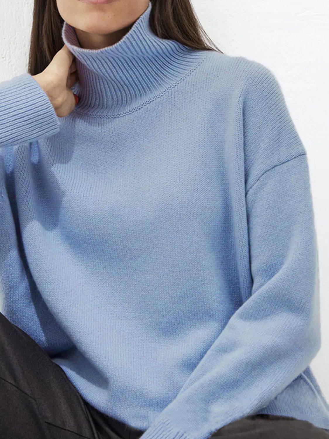 Ribbed Detail Turtleneck Dropped Shoulder Sweater