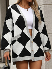 Checkered Dropped Shoulder Long Sleeve Cardigan